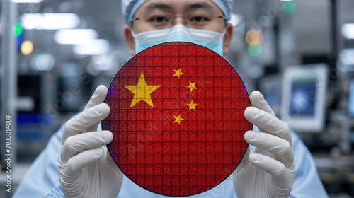 China engineer holding wafer microchip manufacturing chip war restrictions