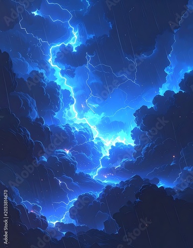 A dark stormy sky with bright blue lightning illuminating clouds