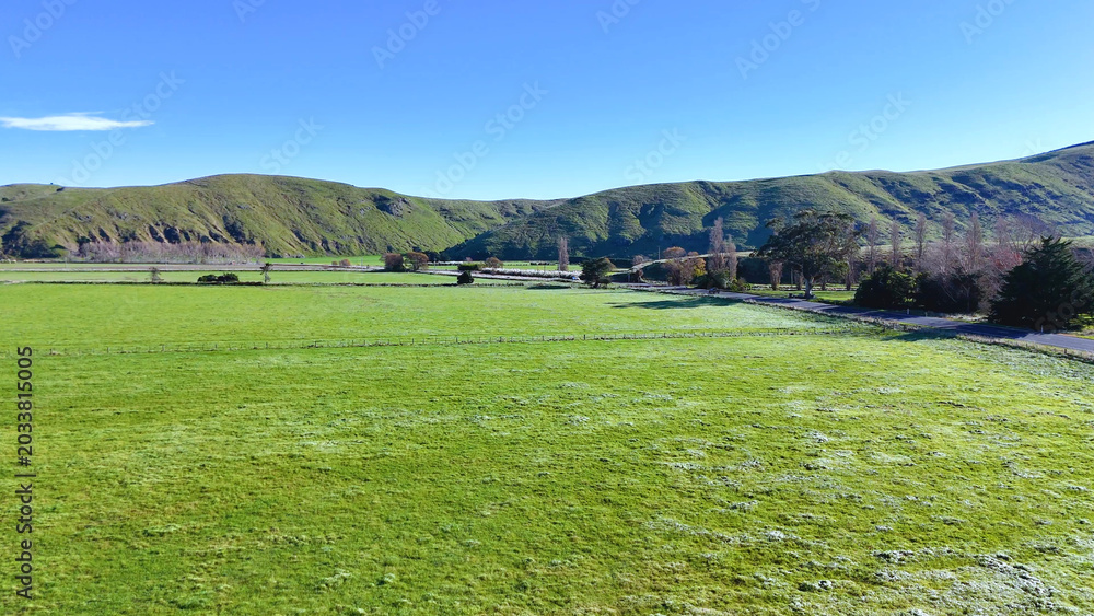 Fototapeta premium Aerial View of Green Fields and Rolling Hills in Akaroa New Zealand
