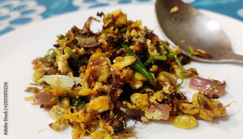 A traditional Assamese delicacy made from red ant eggs and sometimes the ants too. In local language it is called Amroli Poruar Tup. It is especially eaten during Rongali Bihu in parts of Upper Assam.