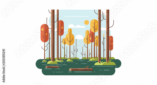 Stylized autumn forest scene with colorful trees and water