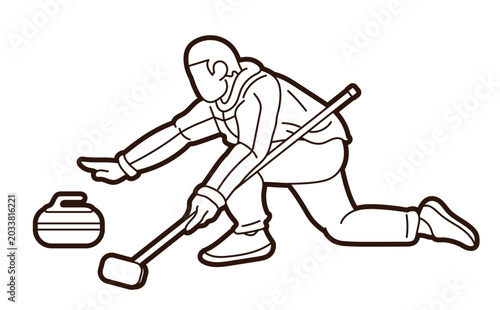 Outline Curling Sport Male Player Action Athletes Competing on Ice Rink Cartoon Graphic Vector