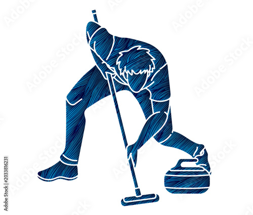 Curling Sport Male Player Action Cartoon Silhouette Graphic Vector