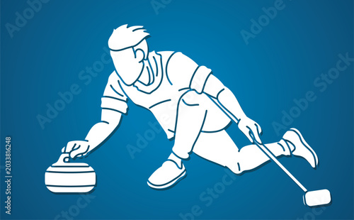 Curling Sport Male Player Action Athletes Competing on Ice Rink Cartoon Graphic Vector