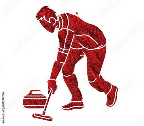 Silhouette Curling Sport Male Player Action Athletes Competing on Ice Rink Cartoon Graphic Vector