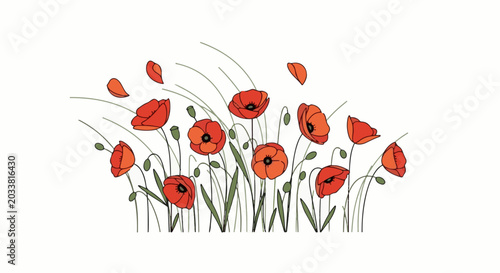 A delightful minimalist illustration of bright red poppies swaying gently in a breeze