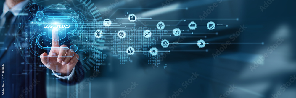 Naklejka premium Supply chain manager hand touch LOGISTICS dashboard tracking global freight shipments and warehouse inventory on smart screen. Efficient distribution networks and international cargo management.