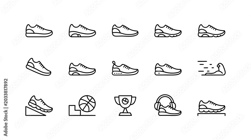 Obraz premium Collection of sneaker and sports shoe vector icons with athletic activity elements athletic footwear