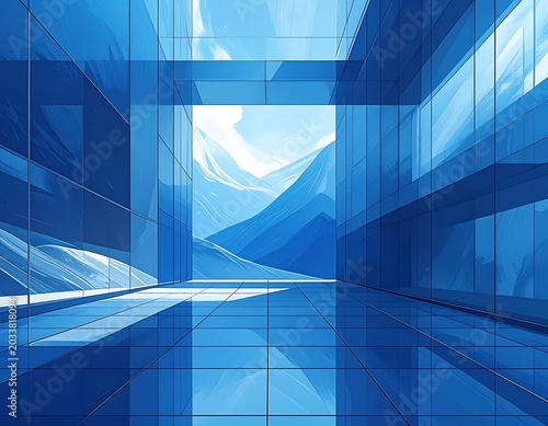 A futuristic blue-tinted corridor with a mountain view