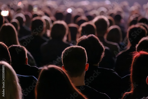 Rear view crowd and audience in dim concert lighting, silhouettes focused on stage. Atmospheric, anticipatory mood, togetherness and shared experience.
