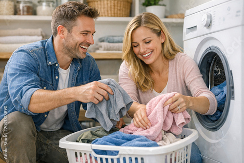 A man and woman working together to load a washing machine with clothes