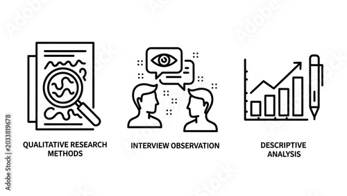 Qualitative research methods interview observation descriptive analysis icons set with magnifying glass qualitative research interview observation descriptive analysis statistics document