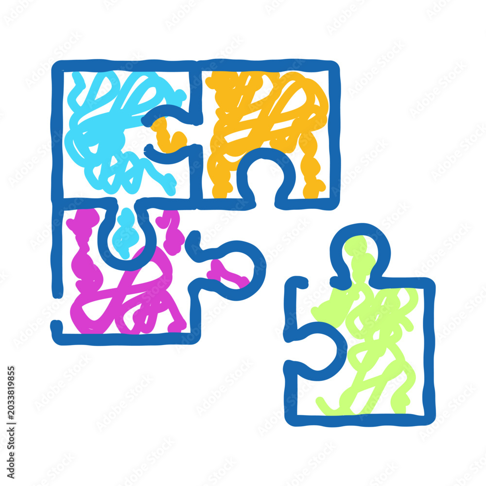 Fototapeta premium Doodle style puzzle pieces interlinking, symbolizing problem solving, communication, cooperation, integration, and the formation of new ideas within a business or social context