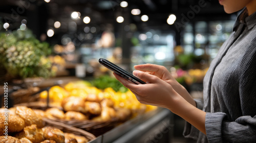 Grocery store smartphone shopper food waste solutions retail bread Grocery store shopper using smartphone among bakery food waste solutions
