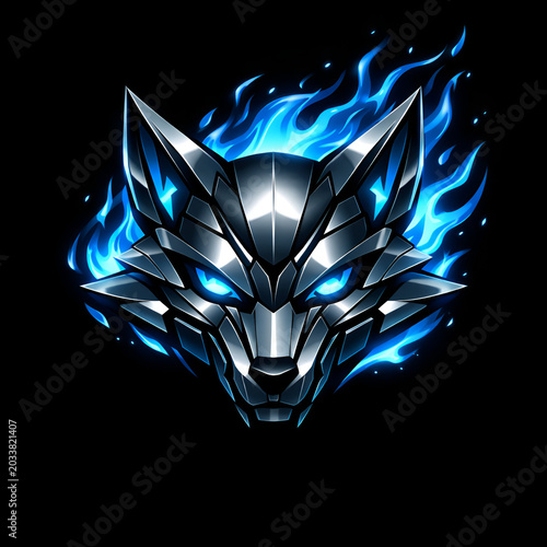 Cyber Fox Head with Blue Flame Futuristic Esports Logo