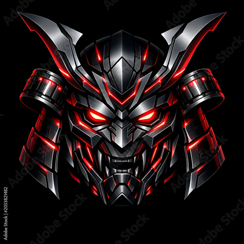 Robotic Samurai Mask with Neon Red Futuristic Esports Logo