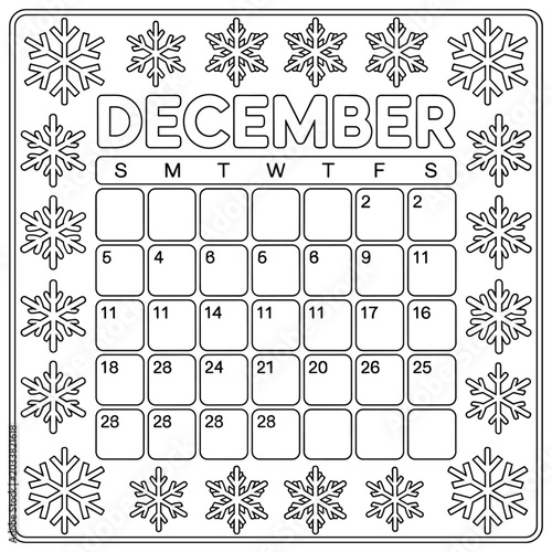 December calendar page with snowflake border, black and white line