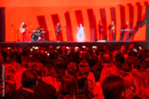 Bild auf Leinwand Crowded audience watching live band on red lit stage, atmospheric concert, music and performance