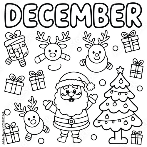 December coloring page with santa claus, reindeer, christmas tree, and gift boxes
