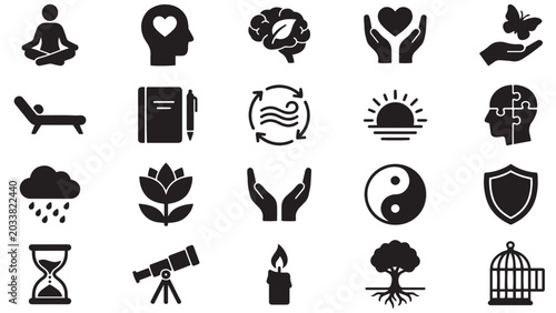 Foto Mental health and wellness solid icon set with meditation mindfulness therapy ba