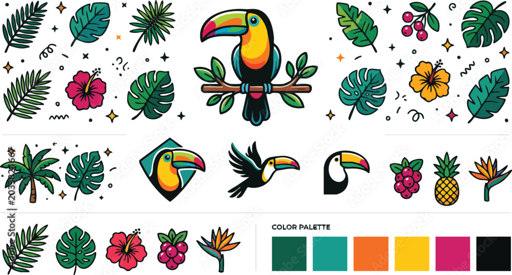 Naklejka premium Tropical Toucan Bird and Exotic Jungle Botanical Vector Set