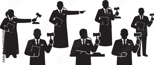 Фотография Black Solid Public Sale Auctioneer Silhouettes Set of Six on White Background