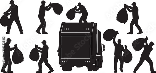 Φωτογραφία Black Solid Sanitation Workers Throwing Garbage Silhouettes Set of Six on White
