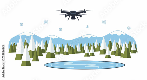 A drone hovers over a snow-covered forest and lake, with mountains and snowflakes in the background