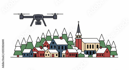 A drone hovers over a quaint, snow-covered village with a prominent church