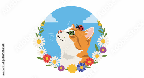 A curious orange and white cat wearing a ladybug in a floral frame