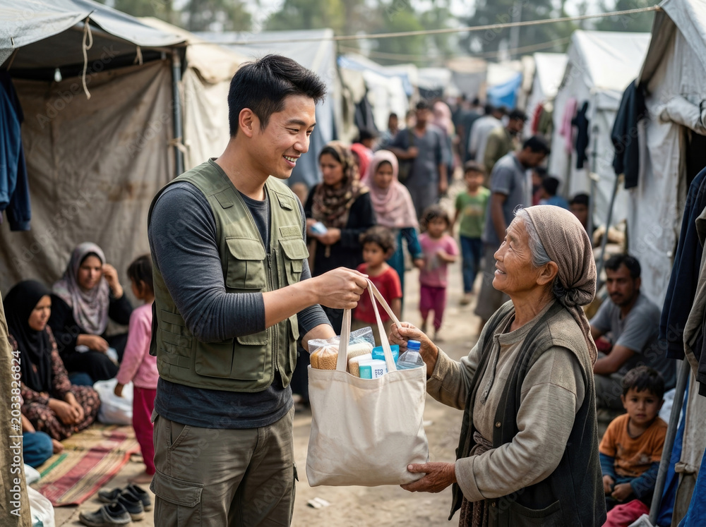 Obraz premium Volunteer distributing supplies in refugee camp, humanitarian aid effort, community support, social welfare, kindness in action, background of tents and people, human connection, peaceful coexistence