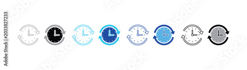 Clock icons with circular arrows indicating time cycle circular rotation continuous workflow schedule illustration movement revolving recurring duration interval repetition
