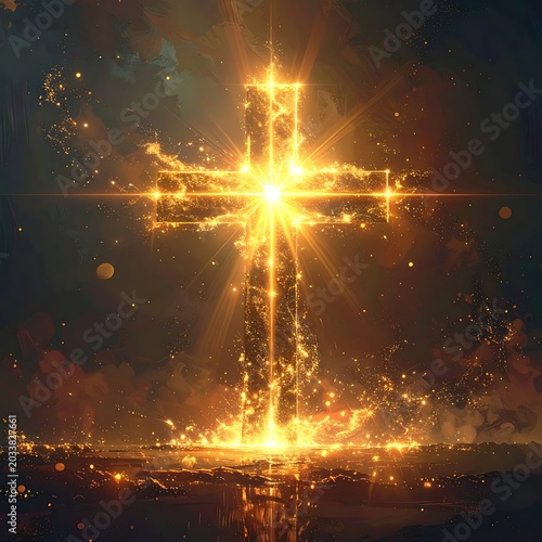 A radiant golden cross shines brightly against a dark background