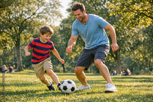 Smiling father and son having fun kicking soccer ball on field with trees