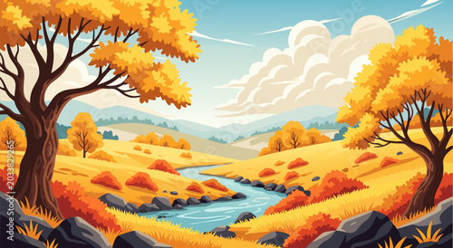 Foto Autumnal Landscape vector illustration with rolling hills, a meandering stream,
