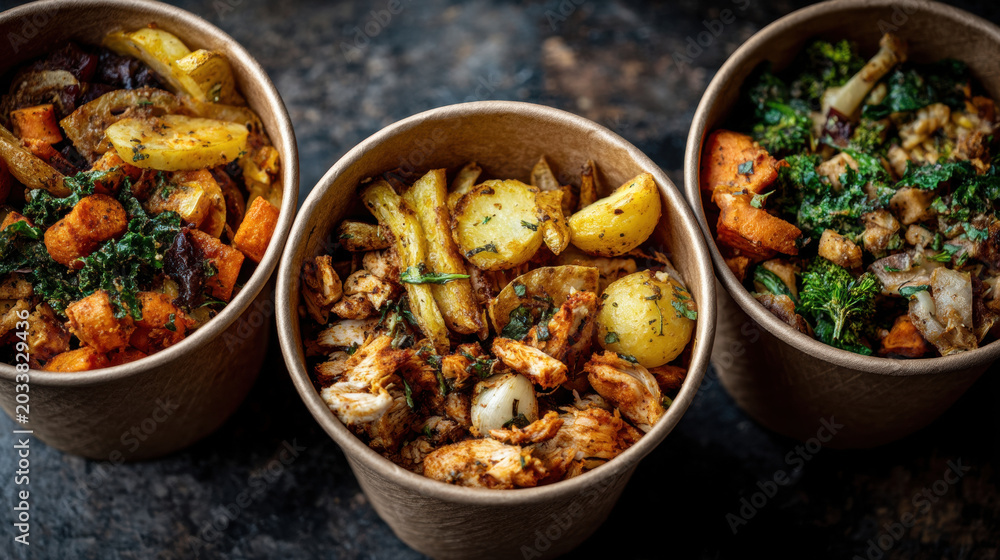 Fototapeta premium Food waste solutions concept with takeaway bowl roasted potato chicken vegetable dark background promoting sustainable meal prep and mindful eating