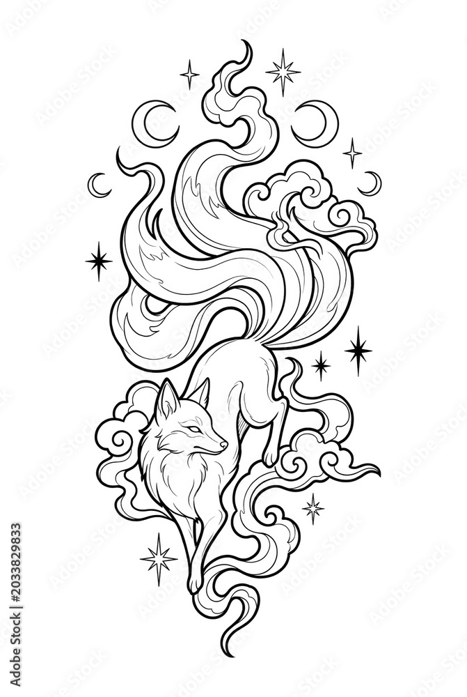 Fototapeta premium Mystical Nine Tailed Fox with Crescent Moons, Stars and Clouds Coloring Page Line Art