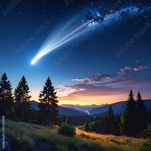 A serene landscape with a shooting star streaking across the night sky