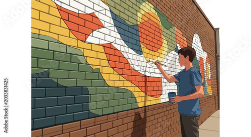 Young man painting colorful abstract mural with paintbrush on brick wall outdoors