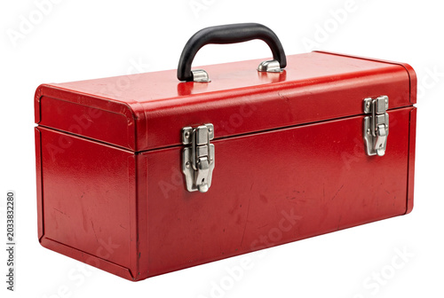 Red metal toolbox isolated on white background, suitable for maintenance, repair, construction, and professional equipment storage concepts.