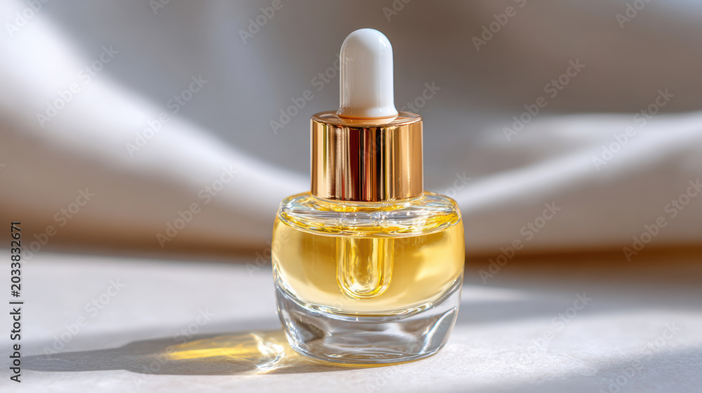Naklejka premium Small glass dropper bottle with golden oil on soft fabric background for skincare product display and banner design