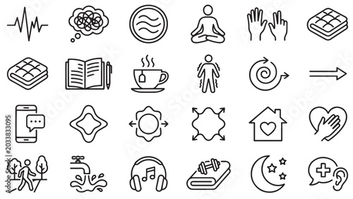 Mental health therapy and self care outline icon set with meditation breathing journaling coping strategy and safe space symbols