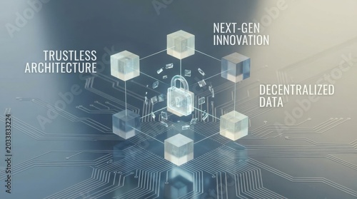 A digital illustration showcasing a secure lock amidst a network, highlighting concepts like trustless architecture, decentralized data, and next-gen innovation.