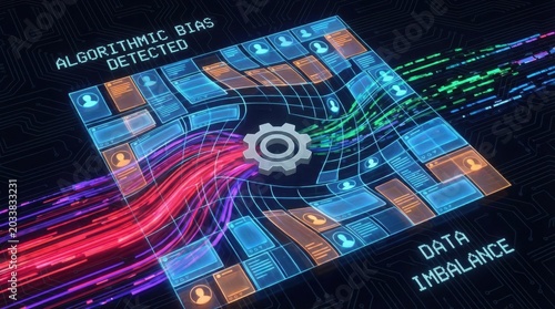 The image illustrates a digital interface highlighting issues like algorithmic bias and data imbalance with colorful data flow and interconnected profiles.