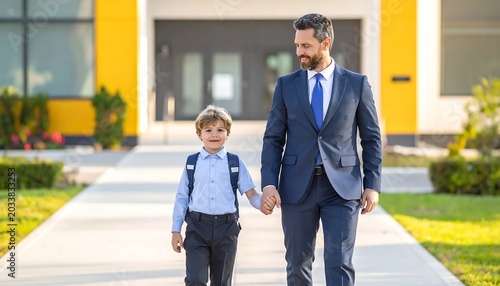 Businessman walking with young girl on sunny street.