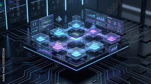 A futuristic digital interface showcasing interconnected data blocks and analytics displayed through vibrant holographic graphics.