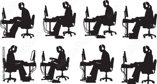 Cuadro en lienzo Black Solid Remote Transcriptionist Foot Pedal Headphone Silhouettes Set of Six
