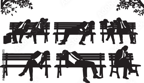 Foto Black Solid Park Bench Lunchbreak Sleeping Silhouettes Set of Six on White Backg