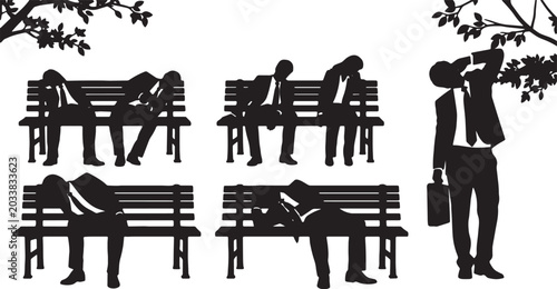 Fényképezés Black Solid Park Bench Lunchbreak Sleeping Silhouettes Set of Six on White Backg