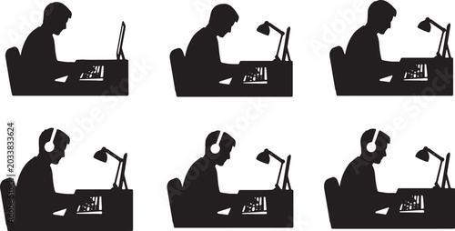 Photos Black Solid Remote Writer Mechanical Keyboard Typing Silhouettes Set of Six on W